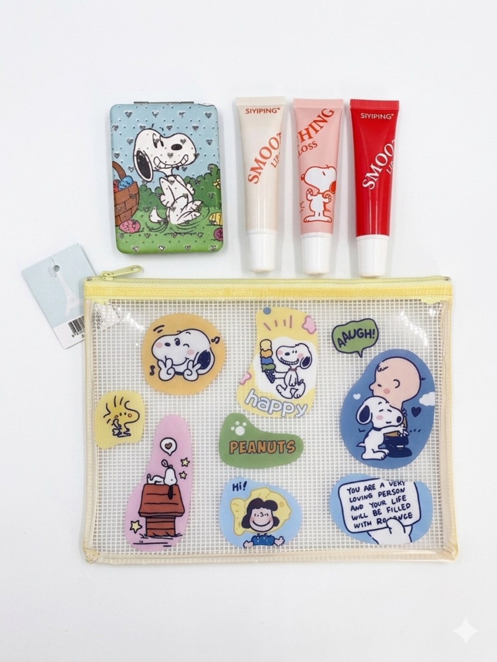 Peanuts Snoopy Clear Pouch, Mirror, & Lip Balm Set - NWT